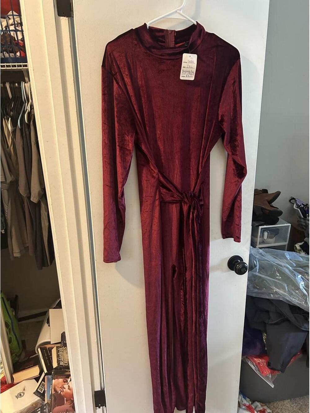 Good time USA Burgundy velvet jumpsuit with tie waist and long sleeves size 2XL